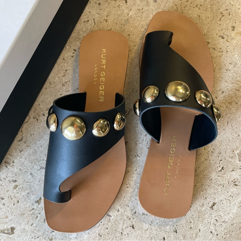 KURT GEIGER Black Leather Gold Ball Studded Toe Ring Sandals - EU 38 / 7.5-8 NIB - Picture 5 of 14